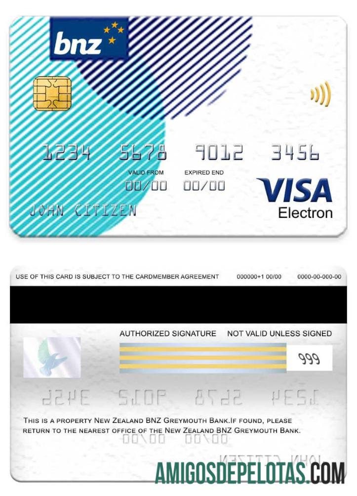 New Zealand BNZ Greymouth Bank Visa Electron Card sample